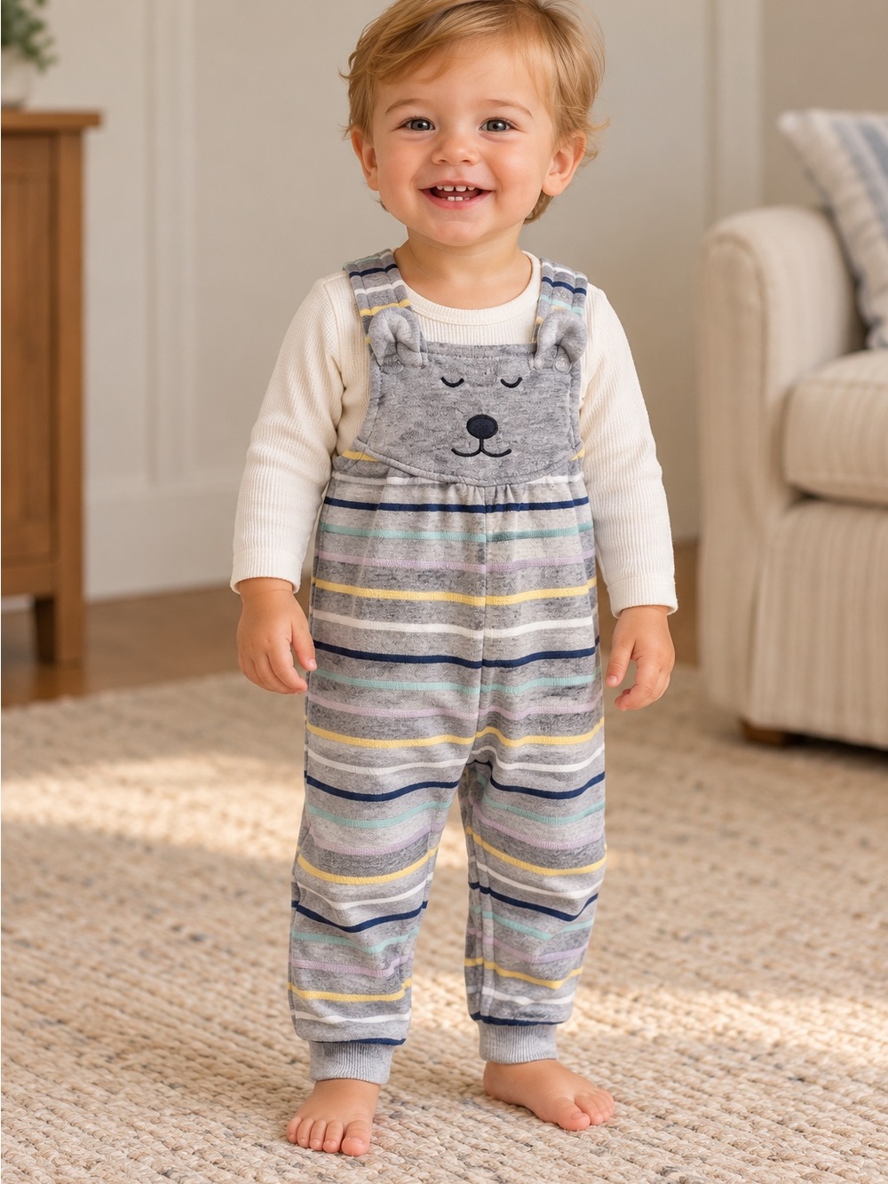 Hanna Andersson Gray Striped Romper with Bear Face